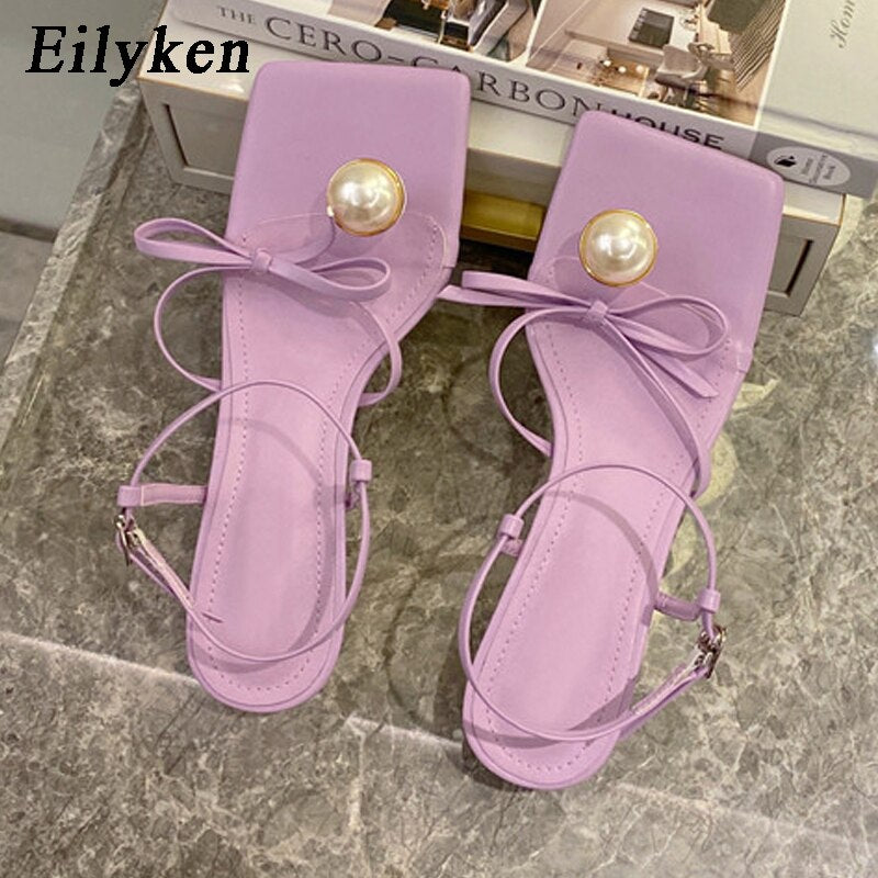 Fashion Pearl Decoration Clip Toe Square Toe Ankle Buckle Strap Sandals Summer Women Low Heels Party Dress Shoes