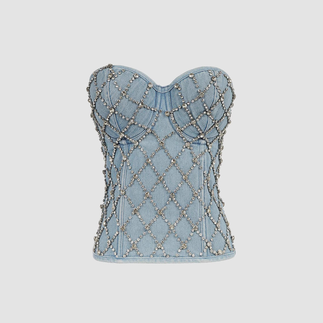 Sexy Denim Strapless Crop Top Belted Shaping Fitted Performance