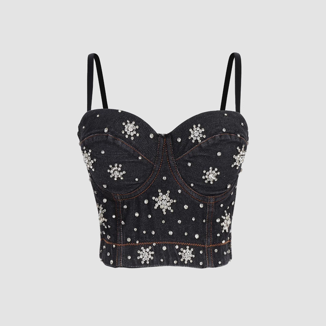 Denim Beaded Backless Crop Top with High Waist and Belly Show for Shaping