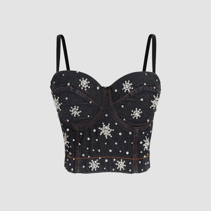 Denim Beaded Backless Crop Top with High Waist and Belly Show for Shaping