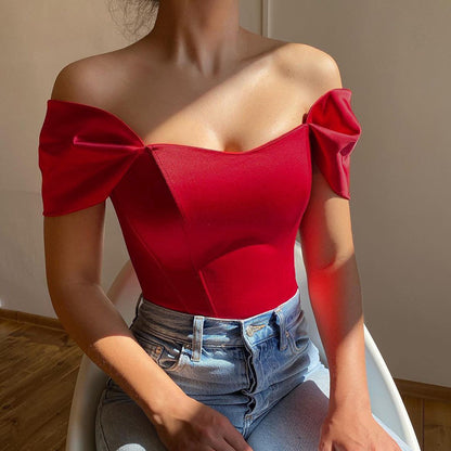 Fishbone waist cinched strapless satin one shoulder top for women