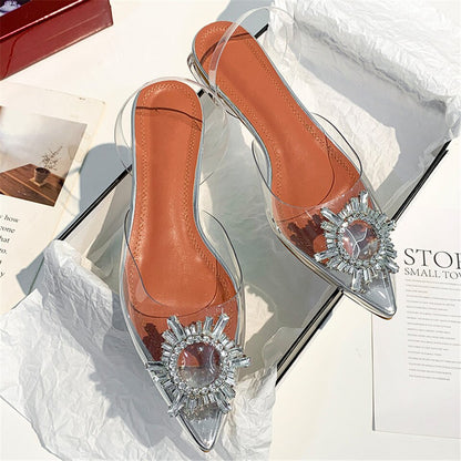Clear PVC Transparent Sandals For Girls Women Flat Heel Point Toe Crystal Rhinestone Sunflower Buckle Decor Summer Shoes