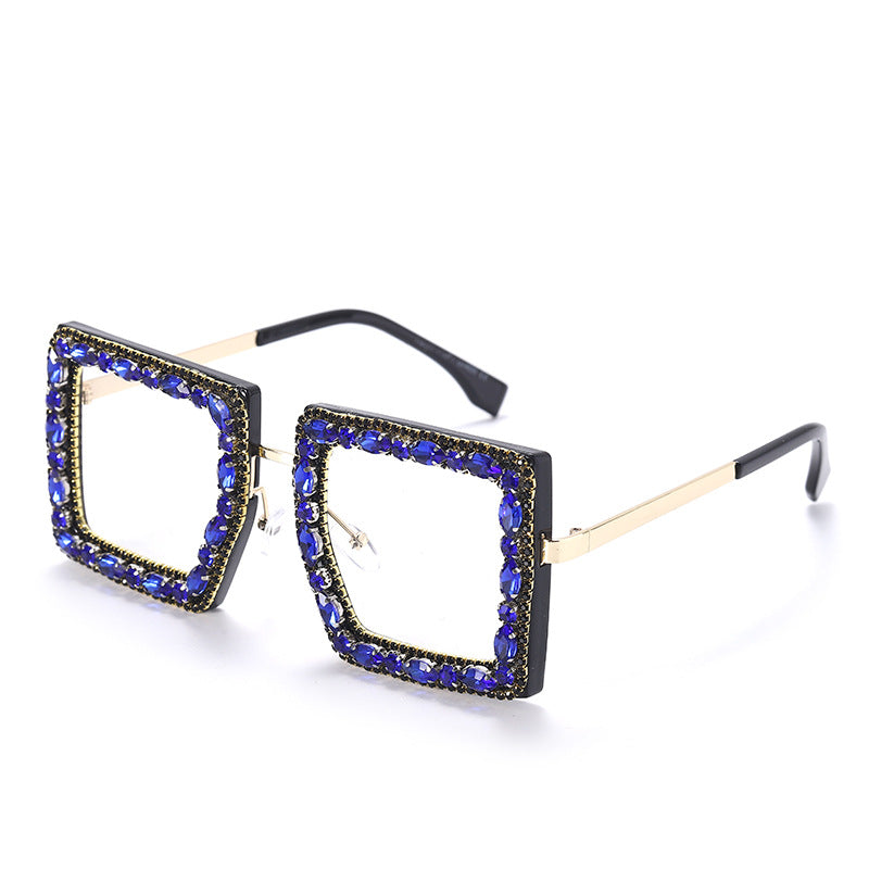 New Square Plain Glasses Hand-Encrusted Fashion Flat Mirror Anti-Blue Light Computer Glasses Frame