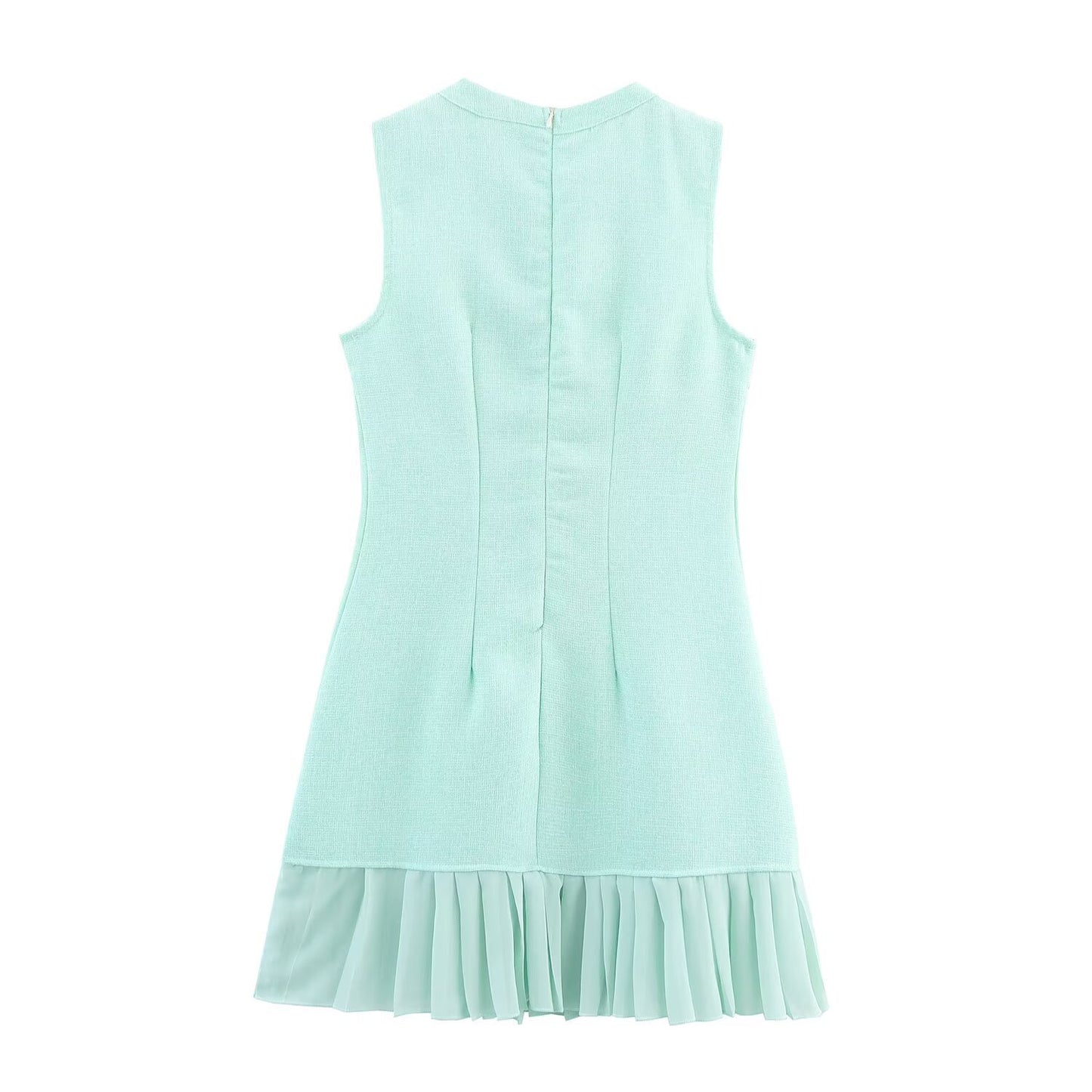 Round neck sleeveless ruffle blue dress for women.