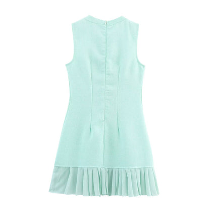 Round neck sleeveless ruffle blue dress for women.