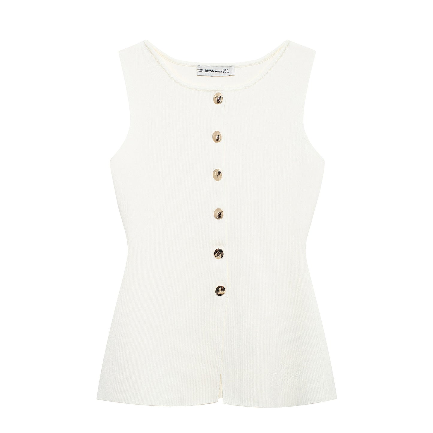 Golden button embellished flat needle vest.