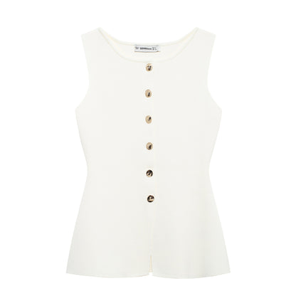 Golden button embellished flat needle vest.