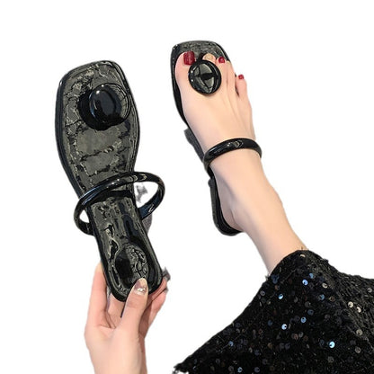 Slippers with square toe and sloping heel, fashionable and casual patent leather beach shoes for women