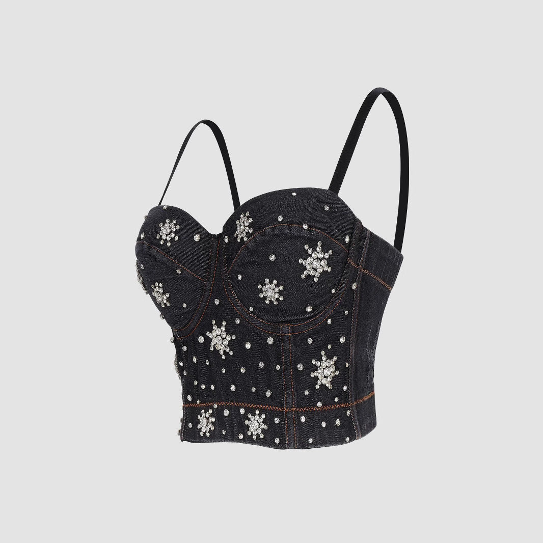 Denim Beaded Backless Crop Top with High Waist and Belly Show for Shaping