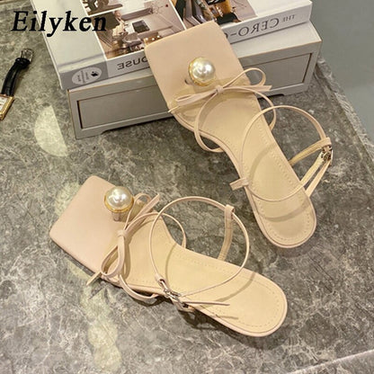 Fashion Pearl Decoration Clip Toe Square Toe Ankle Buckle Strap Sandals Summer Women Low Heels Party Dress Shoes