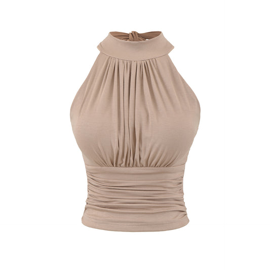 Sexy Backless Tie-up Pleated Fitted Halter Crop Top