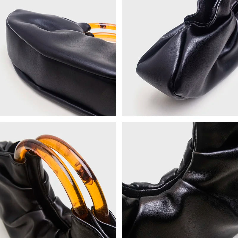 Pleated PU Leather Women Top Handlde Purse Dumpling Ruched Clutch Bag Designer Handbag Chic Fashion Phone Pouch