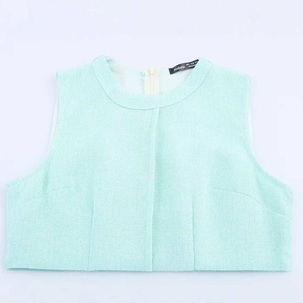 Round neck sleeveless ruffle blue dress for women.