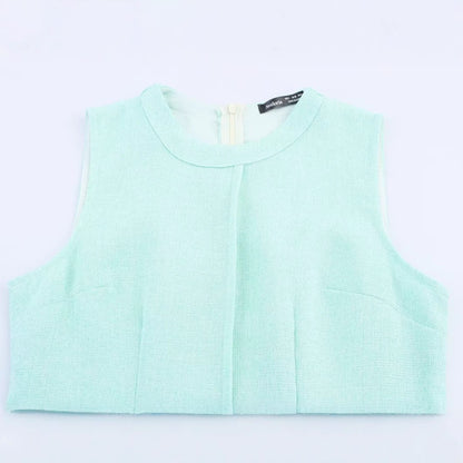 Round neck sleeveless ruffle blue dress for women.