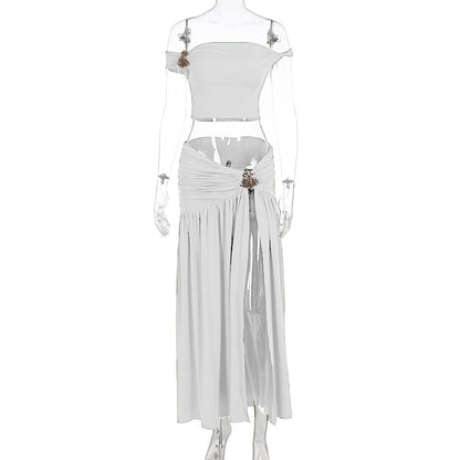 One shoulder metal decorative top with split and pleated skirt set