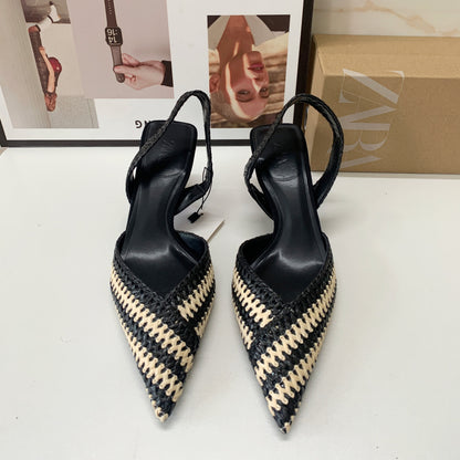 French pointed toe braided stitching women's shoes fashion high-end slingback sandals for women