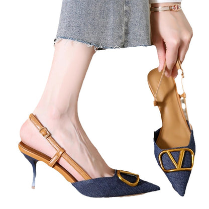 French Shallow Mouth Pointed Toe Stiletto Women's Denim High Heel Sandals Summer Breathable and Leg-lengthening