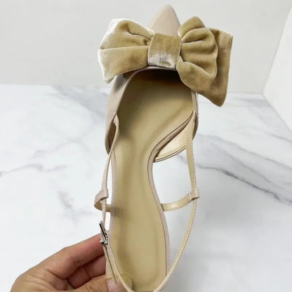 Light beige bow embellished exposed heel flat shoes