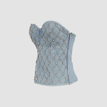 Sexy Denim Strapless Crop Top Belted Shaping Fitted Performance