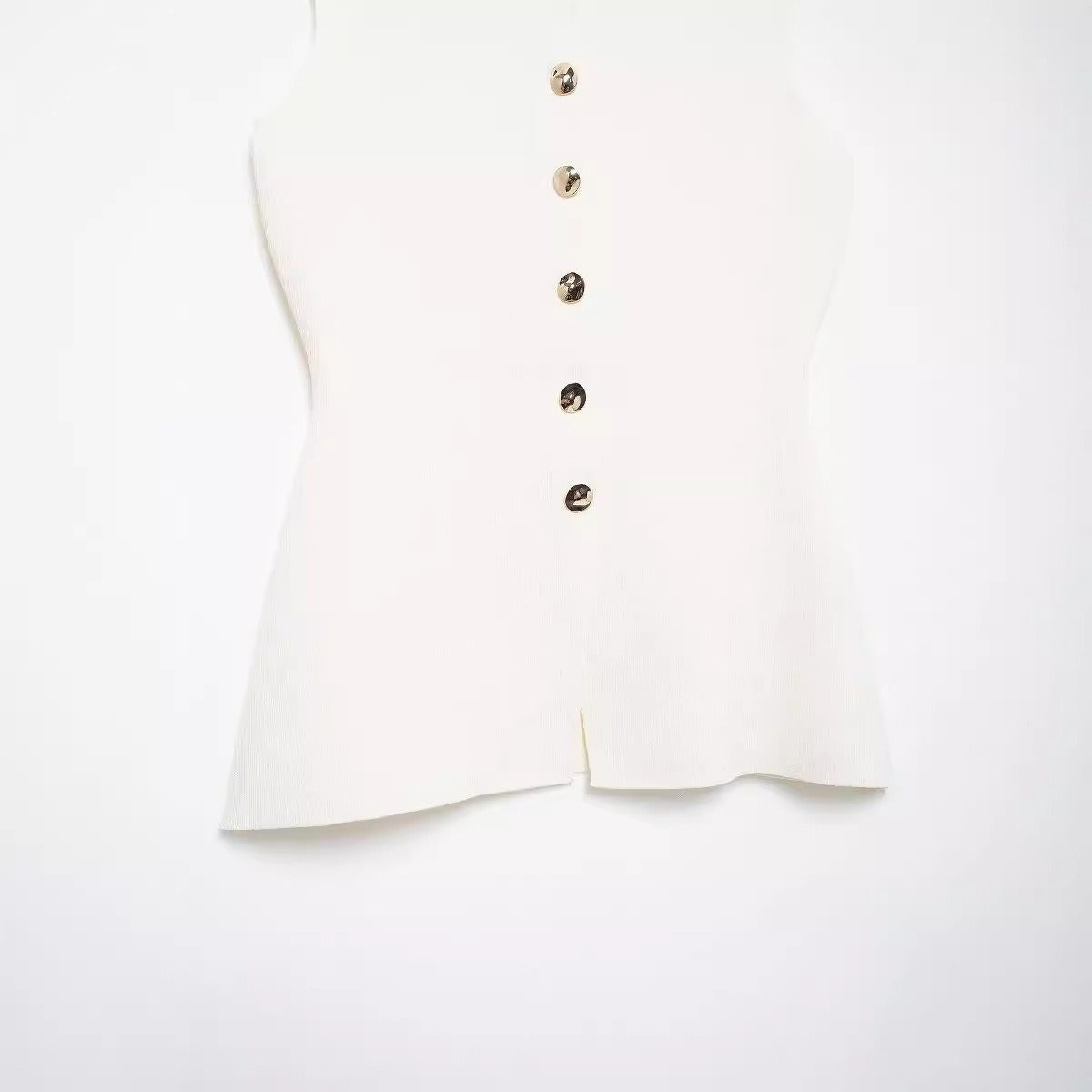 Golden button embellished flat needle vest.