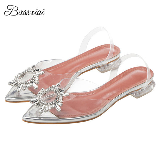 Clear PVC Transparent Sandals For Girls Women Flat Heel Point Toe Crystal Rhinestone Sunflower Buckle Decor Summer Shoes