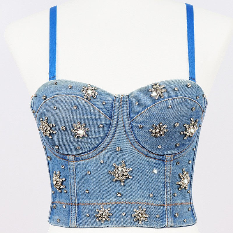 Denim Beaded Backless Crop Top with High Waist and Belly Show for Shaping