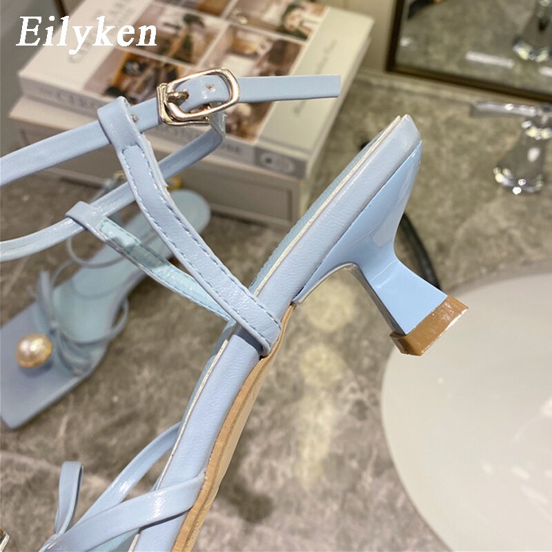 Fashion Pearl Decoration Clip Toe Square Toe Ankle Buckle Strap Sandals Summer Women Low Heels Party Dress Shoes