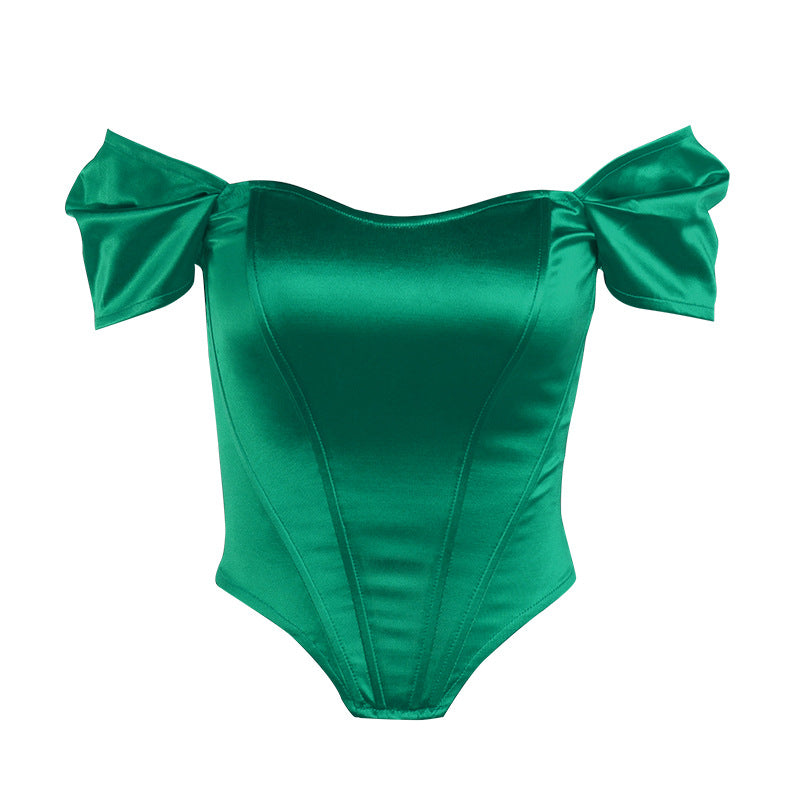 Fishbone waist cinched strapless satin one shoulder top for women