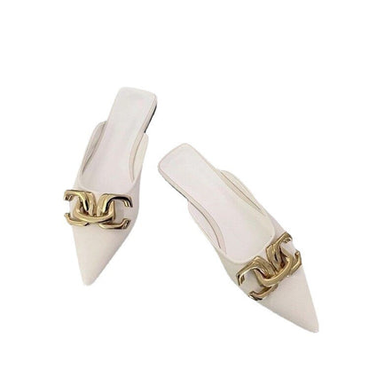 Button pointed flat bottomed wrapped half slippers and sandals for women