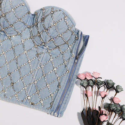 Sexy Denim Strapless Crop Top Belted Shaping Fitted Performance