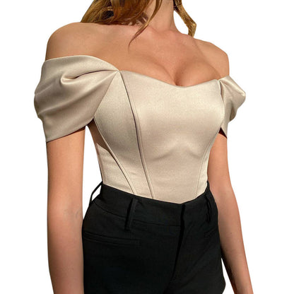 Fishbone waist cinched strapless satin one shoulder top for women