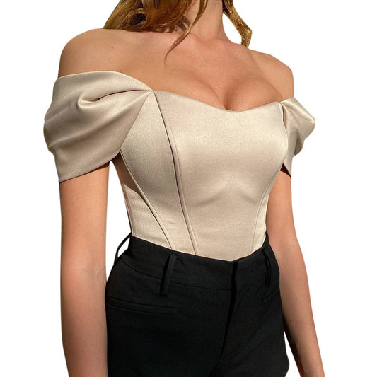 Fishbone waist cinched strapless satin one shoulder top for women