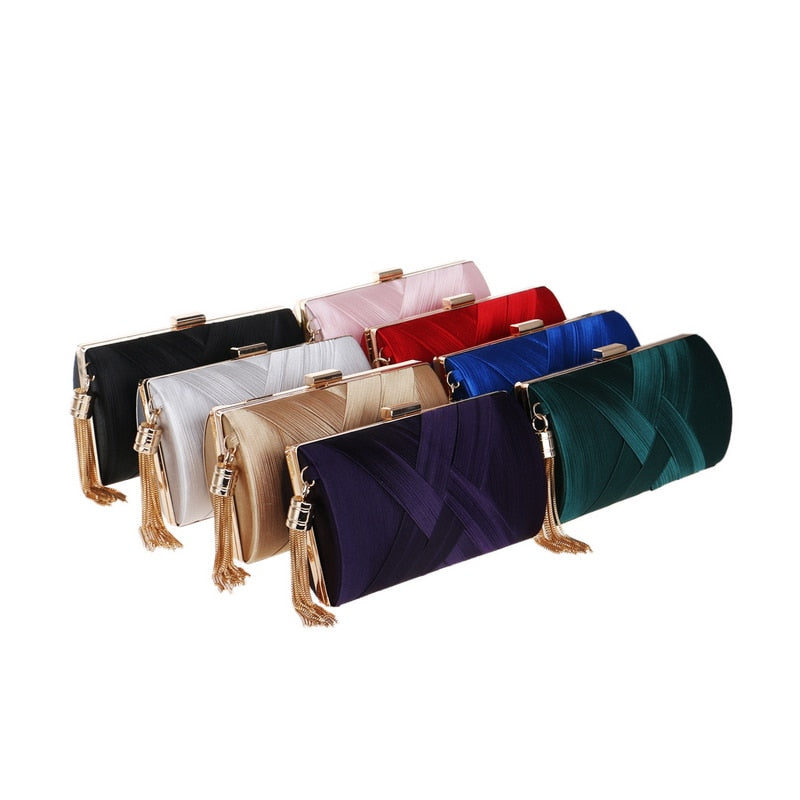 Luxury Lady Women Clutch Bags Tassel Golden Satin Evening Bags Wedding Bridal Handbags Shoulder Chain Purse