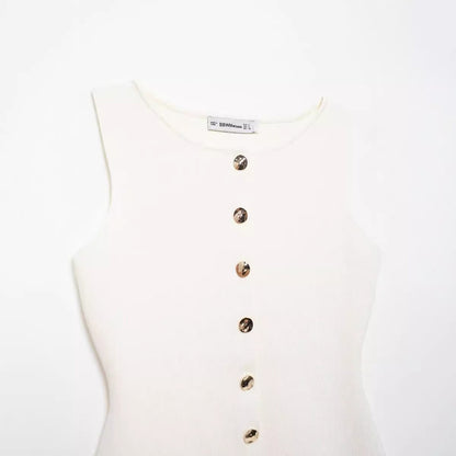 Golden button embellished flat needle vest.