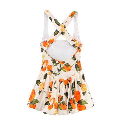 Low neck fruit patterned camisole dress for women.