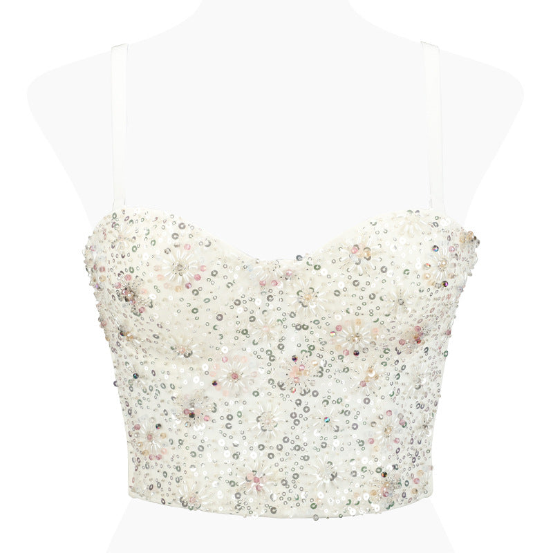 Women's Crop Top with Pink Sequins and Beads.