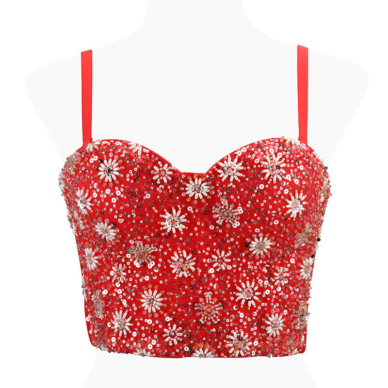 Women's Crop Top with Pink Sequins and Beads.