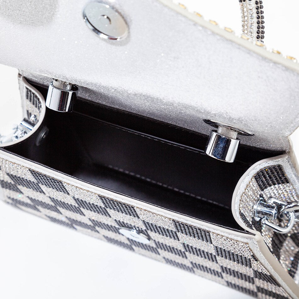 Checkerboard Patterns Crossbody Bags Women New Designer Chain Shiny Crystal Evening Clutch Purses And Handbags High Quality