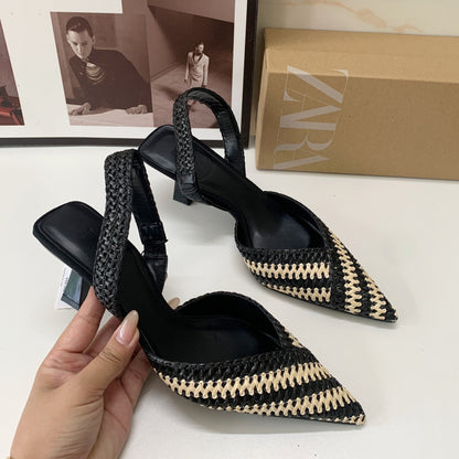 French pointed toe braided stitching women's shoes fashion high-end slingback sandals for women