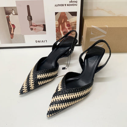 French pointed toe braided stitching women's shoes fashion high-end slingback sandals for women
