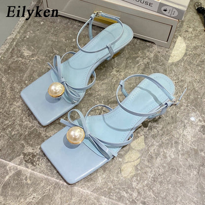 Fashion Pearl Decoration Clip Toe Square Toe Ankle Buckle Strap Sandals Summer Women Low Heels Party Dress Shoes