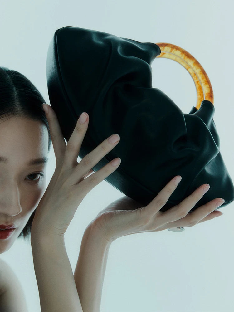 Pleated PU Leather Women Top Handlde Purse Dumpling Ruched Clutch Bag Designer Handbag Chic Fashion Phone Pouch