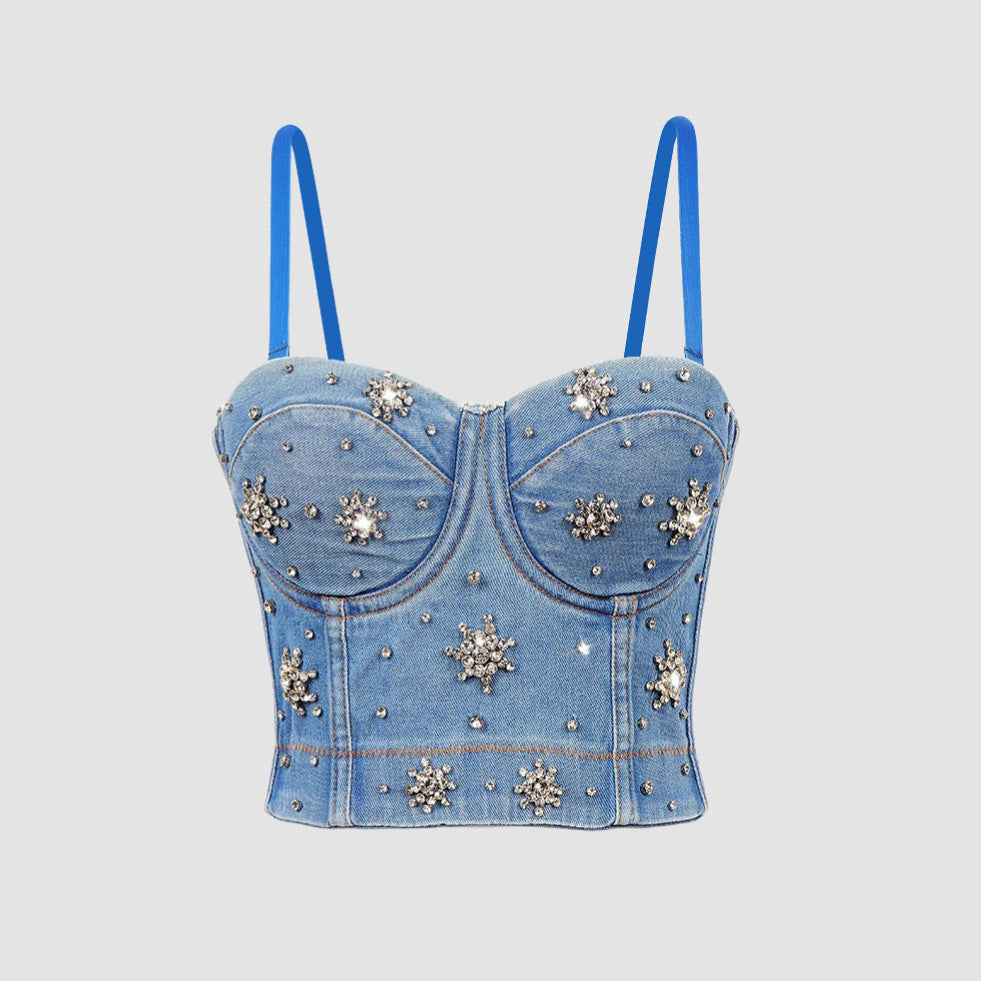Denim Beaded Backless Crop Top with High Waist and Belly Show for Shaping