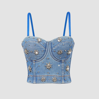 Denim Beaded Backless Crop Top with High Waist and Belly Show for Shaping