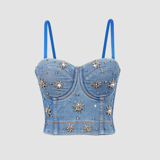 Denim Beaded Backless Crop Top with High Waist and Belly Show for Shaping
