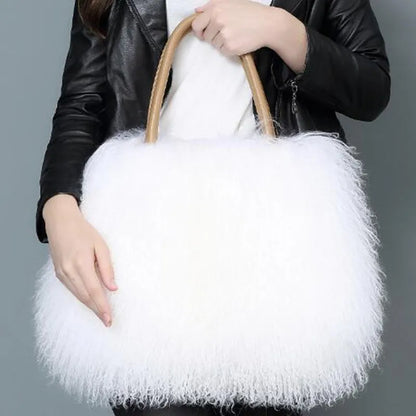 Real Mongolian Fur Bags Australian Beach Wool Fur Shoulder Bag Ladies Tibet Lamb Fur Wrist Bag Large Capacity