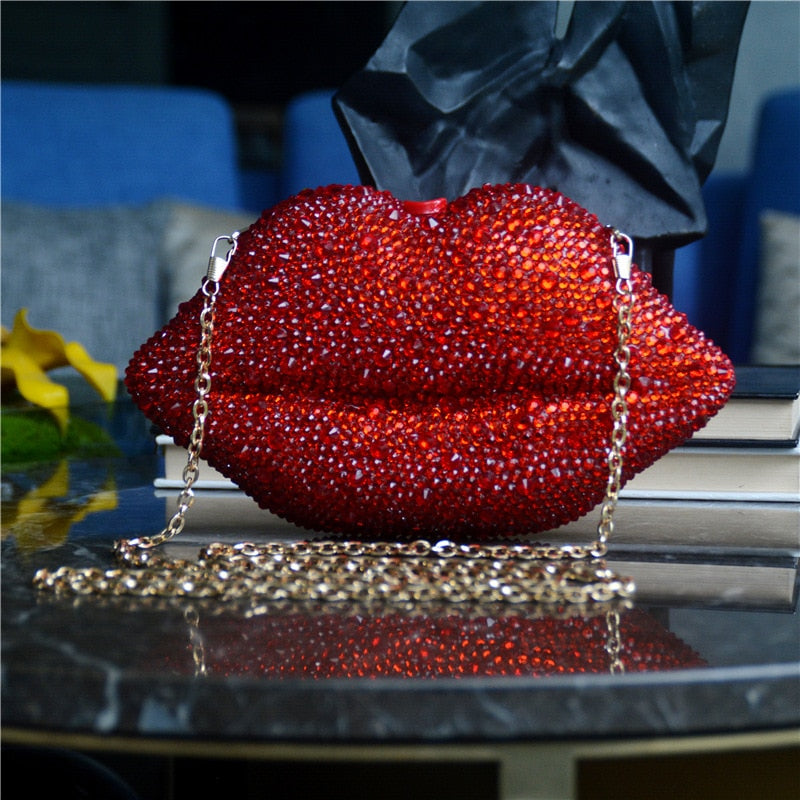 Luxury Red Lip Handmade Diamond Evening Bag For Women Wedding Bride Clutch Zero Wallet Cocktail Dinner Party Prom Handbag