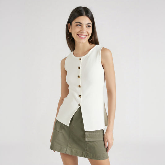 Golden button embellished flat needle vest.