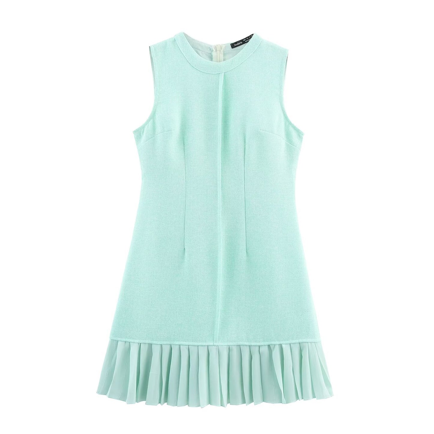 Round neck sleeveless ruffle blue dress for women.
