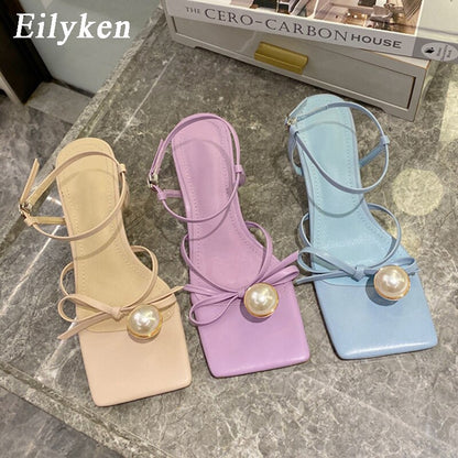 Fashion Pearl Decoration Clip Toe Square Toe Ankle Buckle Strap Sandals Summer Women Low Heels Party Dress Shoes